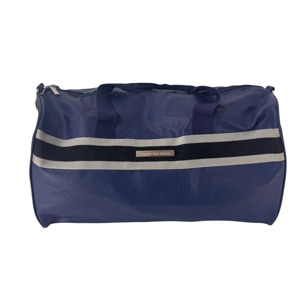 Mercedes Benz Parfums Navy Blue Pebbled Faux Leather Duffle Travel Bag Stripe